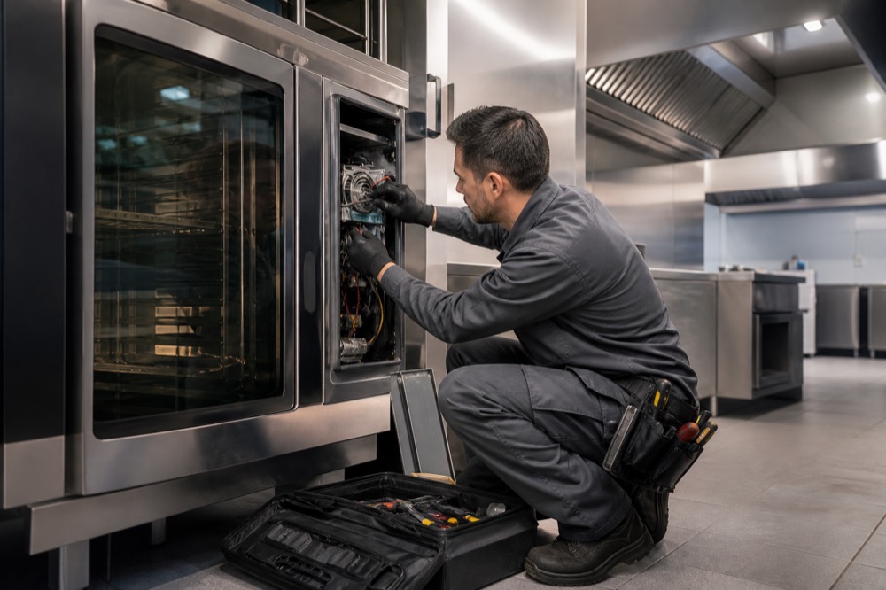 Appliance + equipment service professional at work