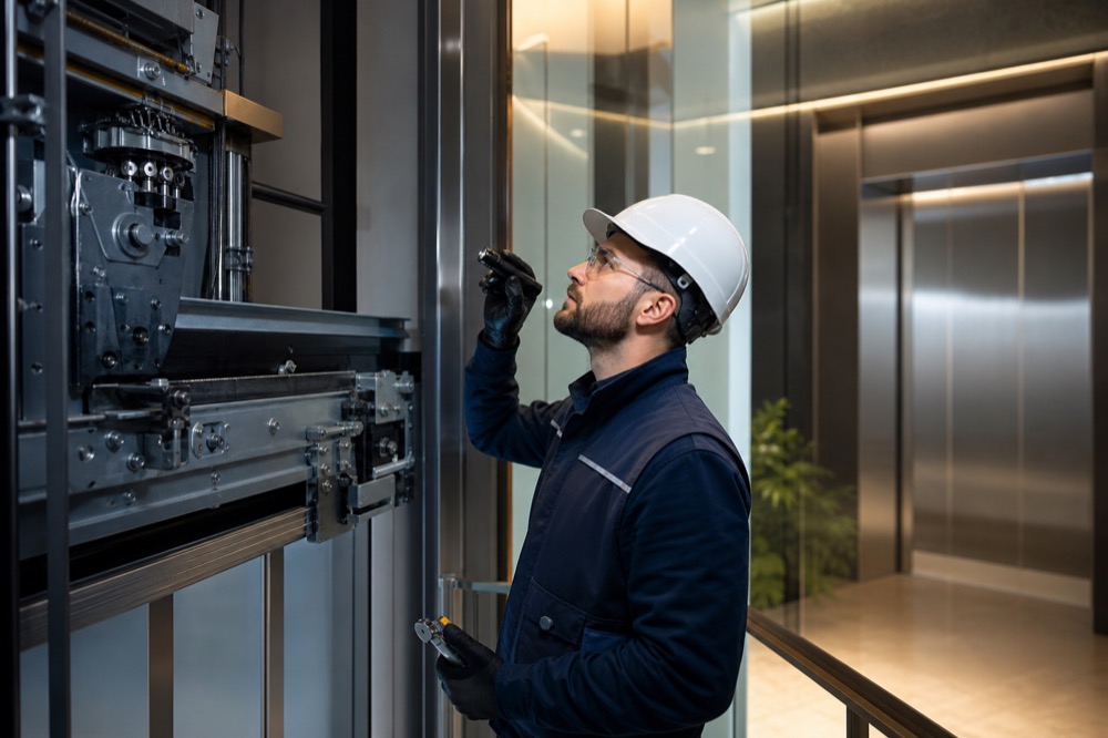 Elevator + lift service professional at work