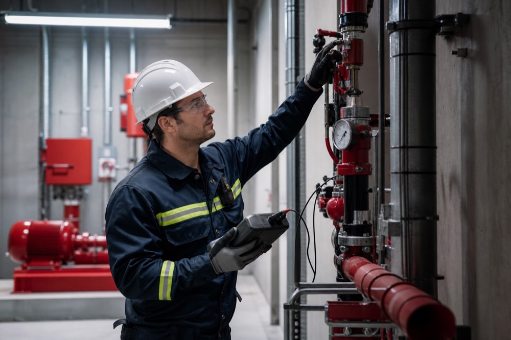 Fire + life safety service professional at work