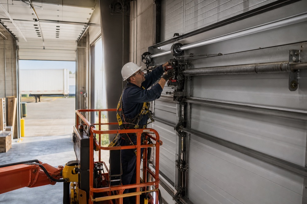 Garage + overhead doors service professional at work