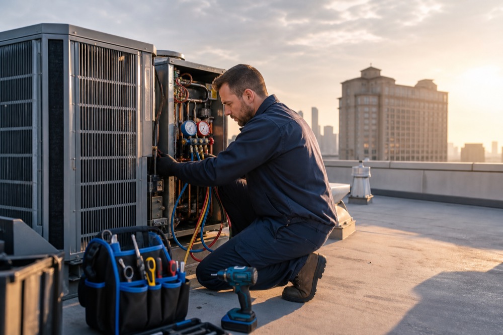 HVAC + refrigeration service professional at work