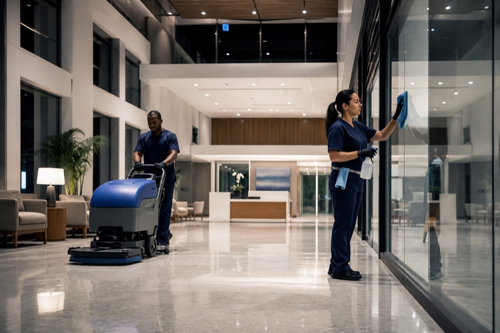 Janitorial + cleaning service professional at work
