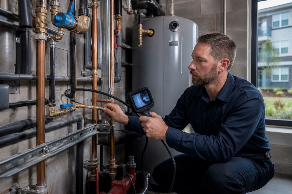 Plumbing + water service professional at work