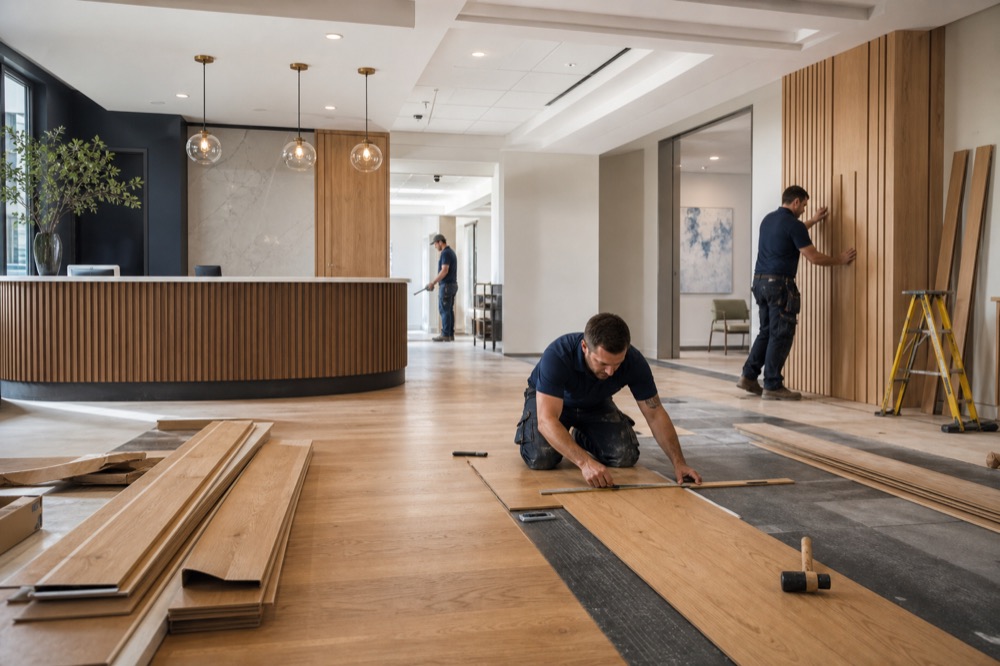 Remodeling + flooring service professional at work