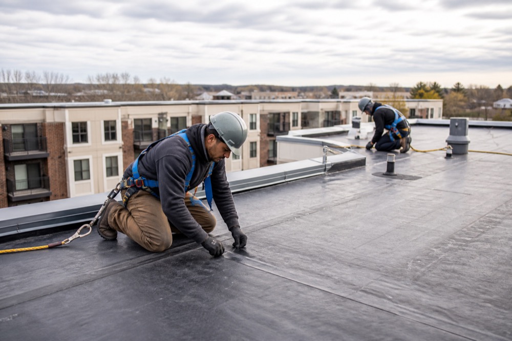 Roofing + exteriors service professional at work