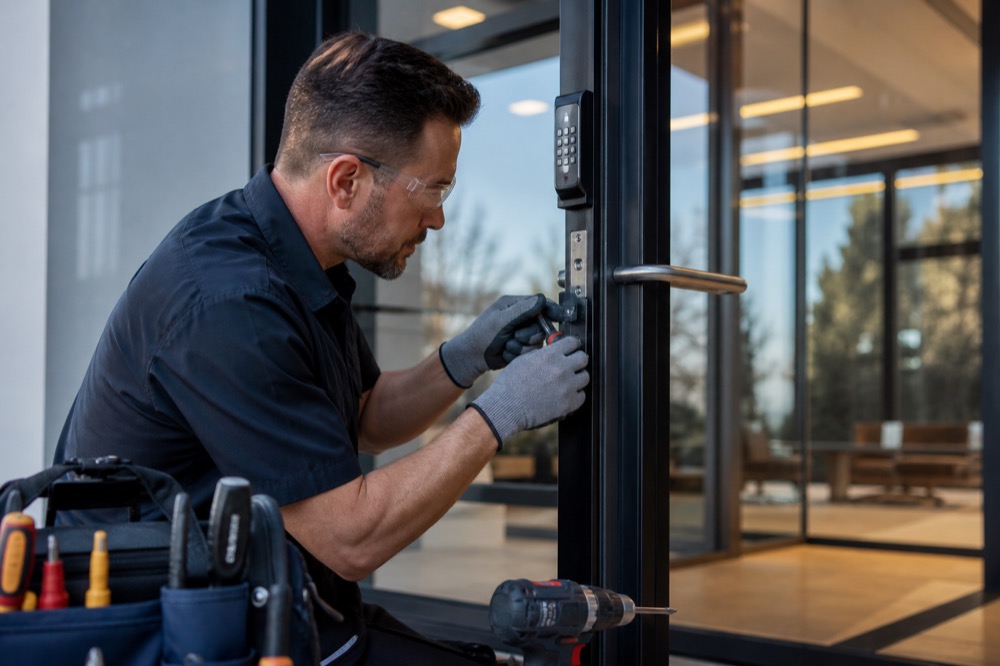 Security + locksmith service professional at work