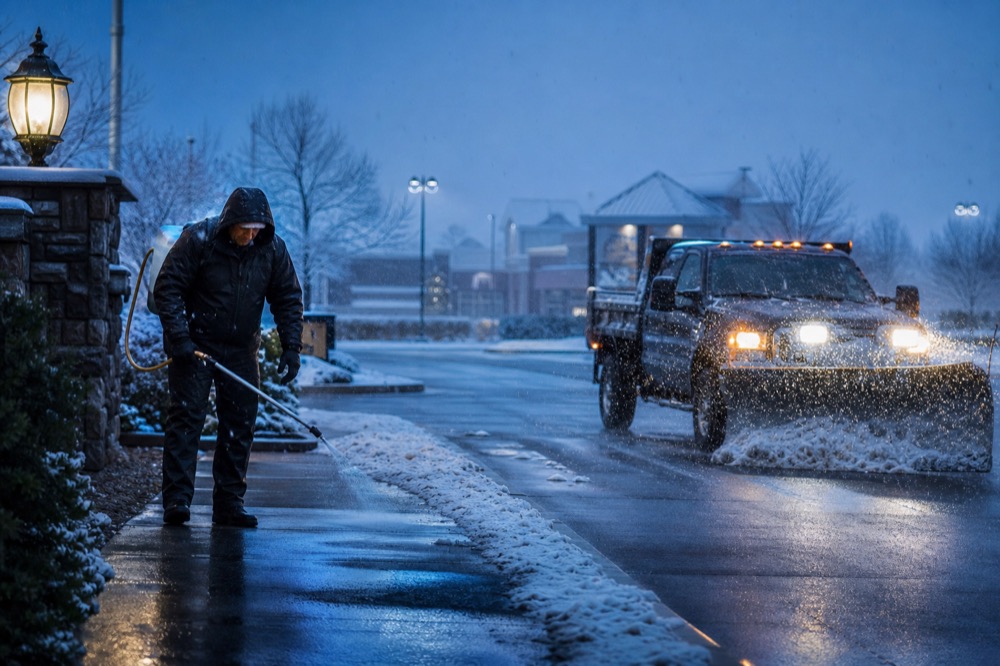 Snow + ice removal service professional at work