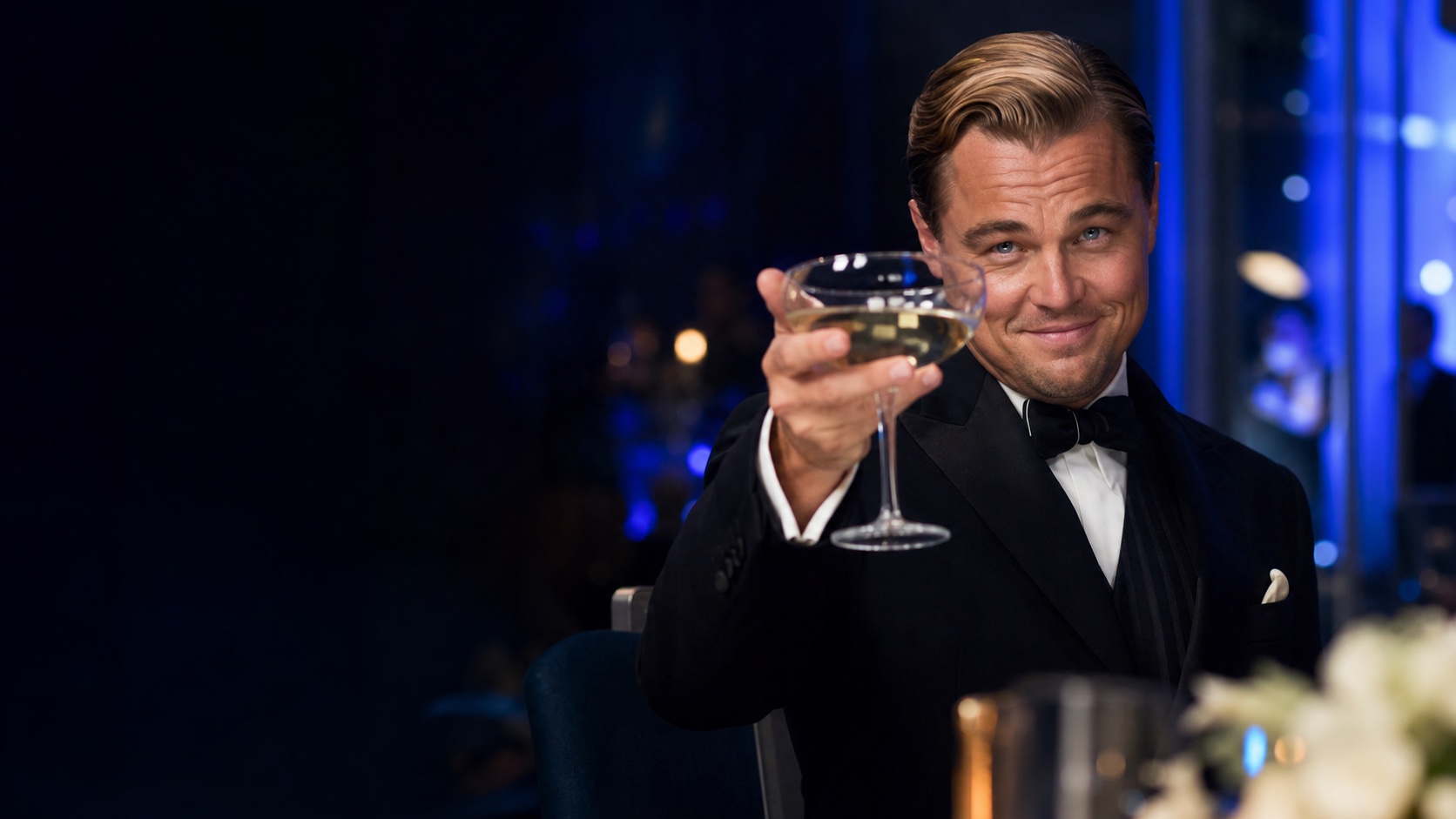 AI-generated parody of Leonardo DiCaprio raising a celebratory toast