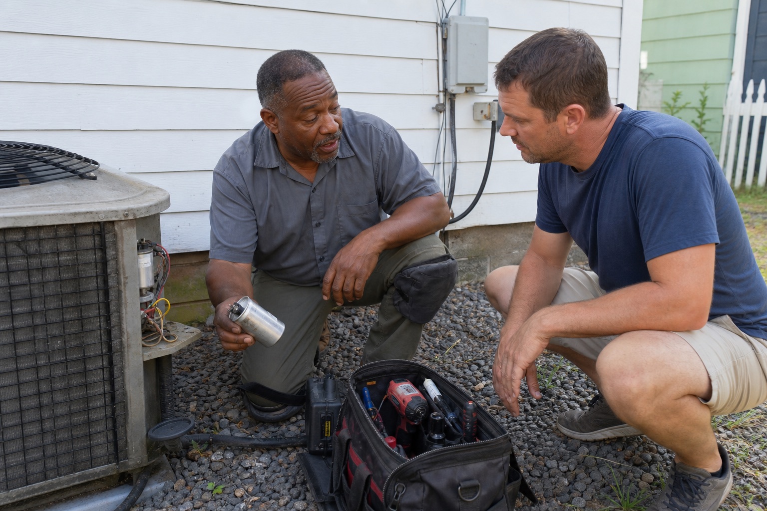 HVAC owner showing a homeowner the failed part beside an older outdoor air-conditioning unit
