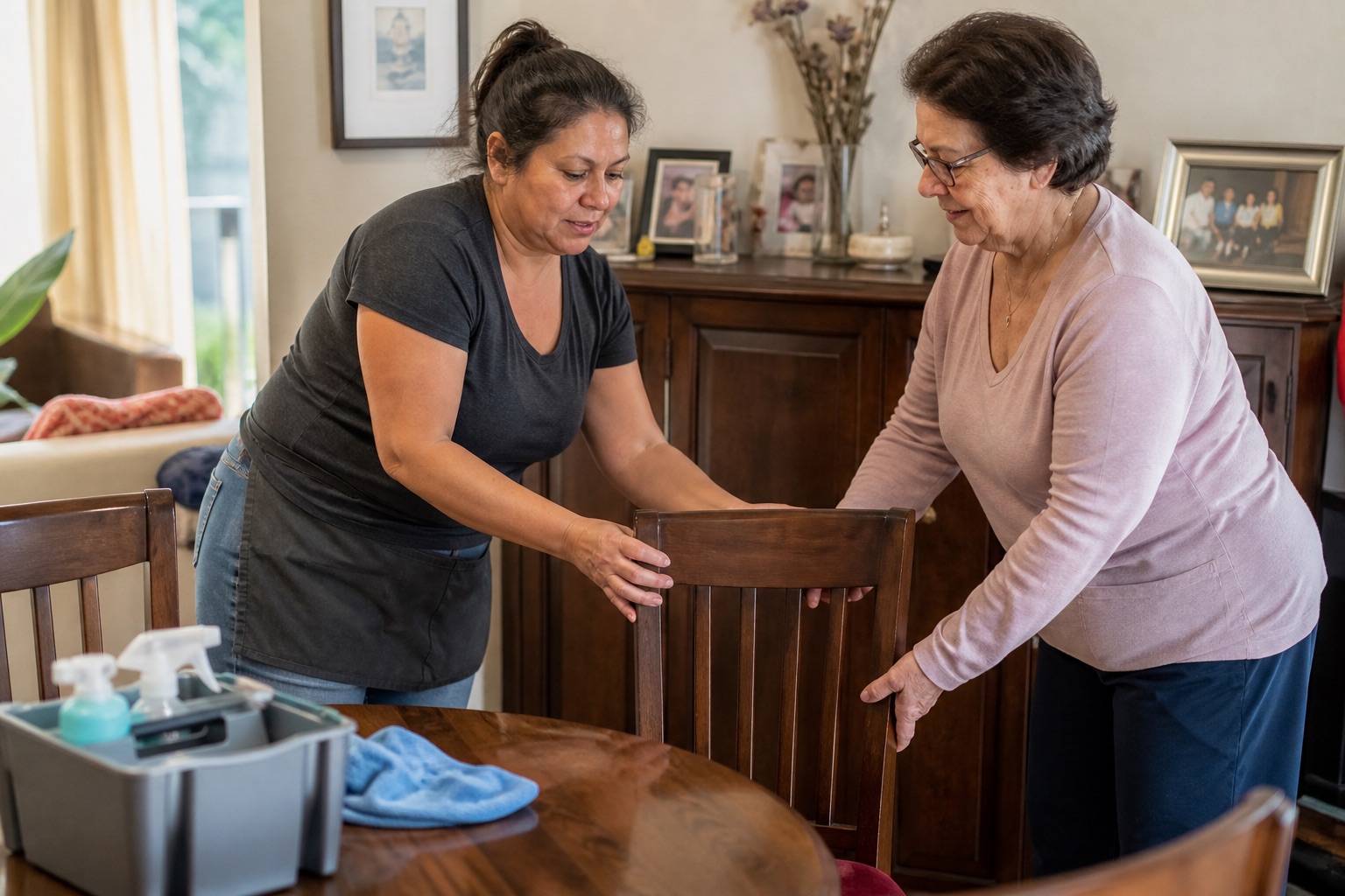 Local cleaning business owner helping an older homeowner move a dining chair after finishing the room