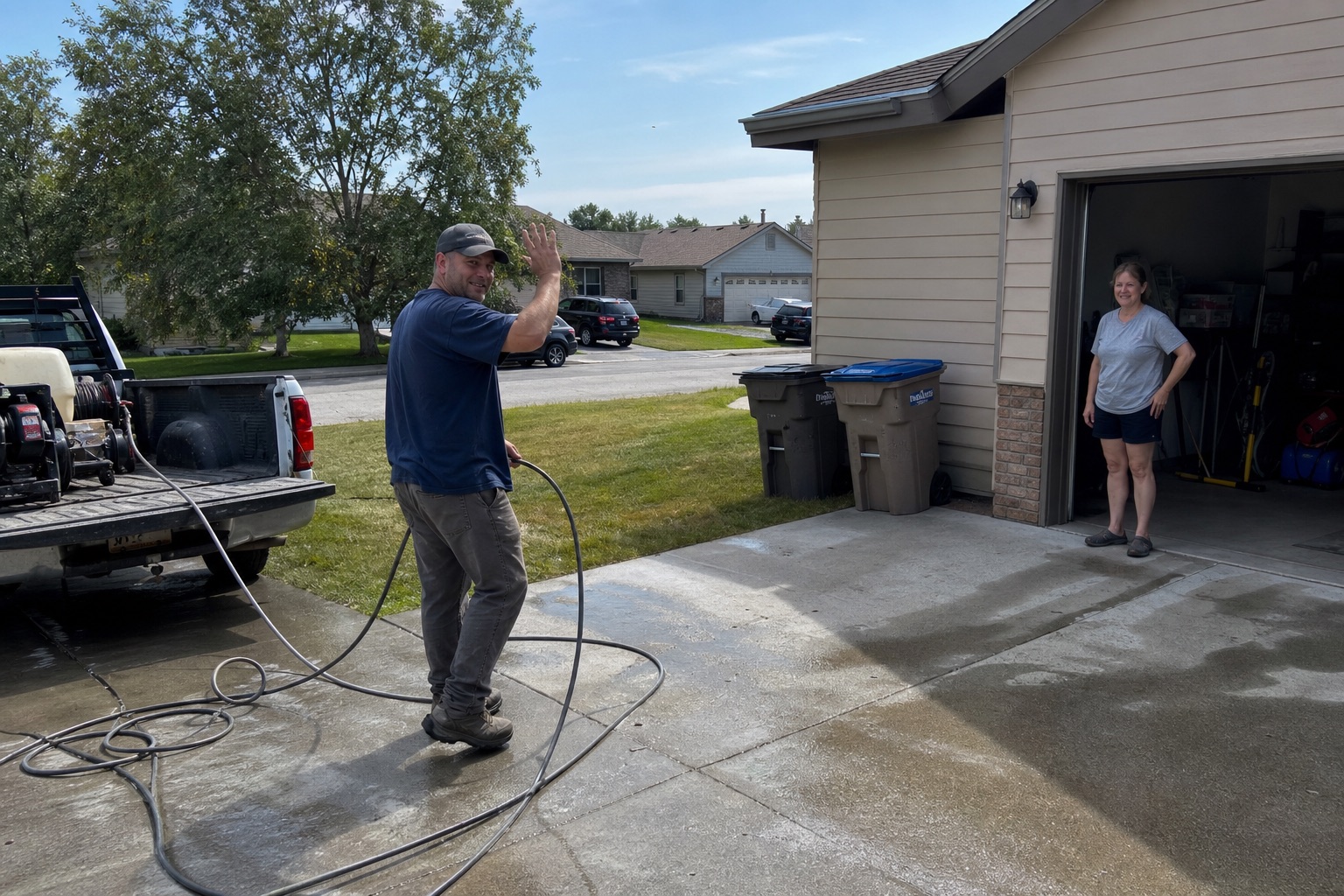 Pressure-washing owner waving to a homeowner while unloading hoses in an everyday driveway