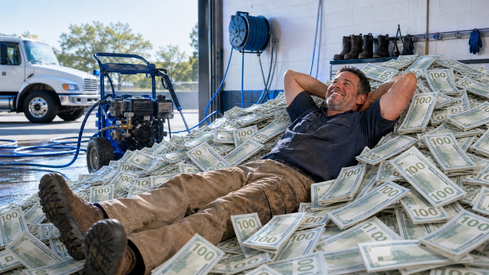 Pressure-washing business owner relaxing in a playful pile of fictional prop hundred-dollar bills beside his commercial equipment