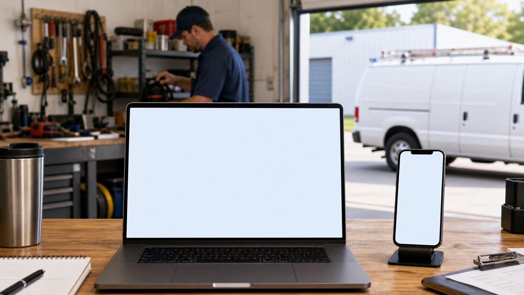 A service-business workshop with a laptop and phone running YooVendo