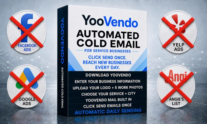 YooVendo automated outreach software for service businesses: enter your business information, add your logo and work photos, choose your service and city, then start automatic sending with YooVendo Mail built in.